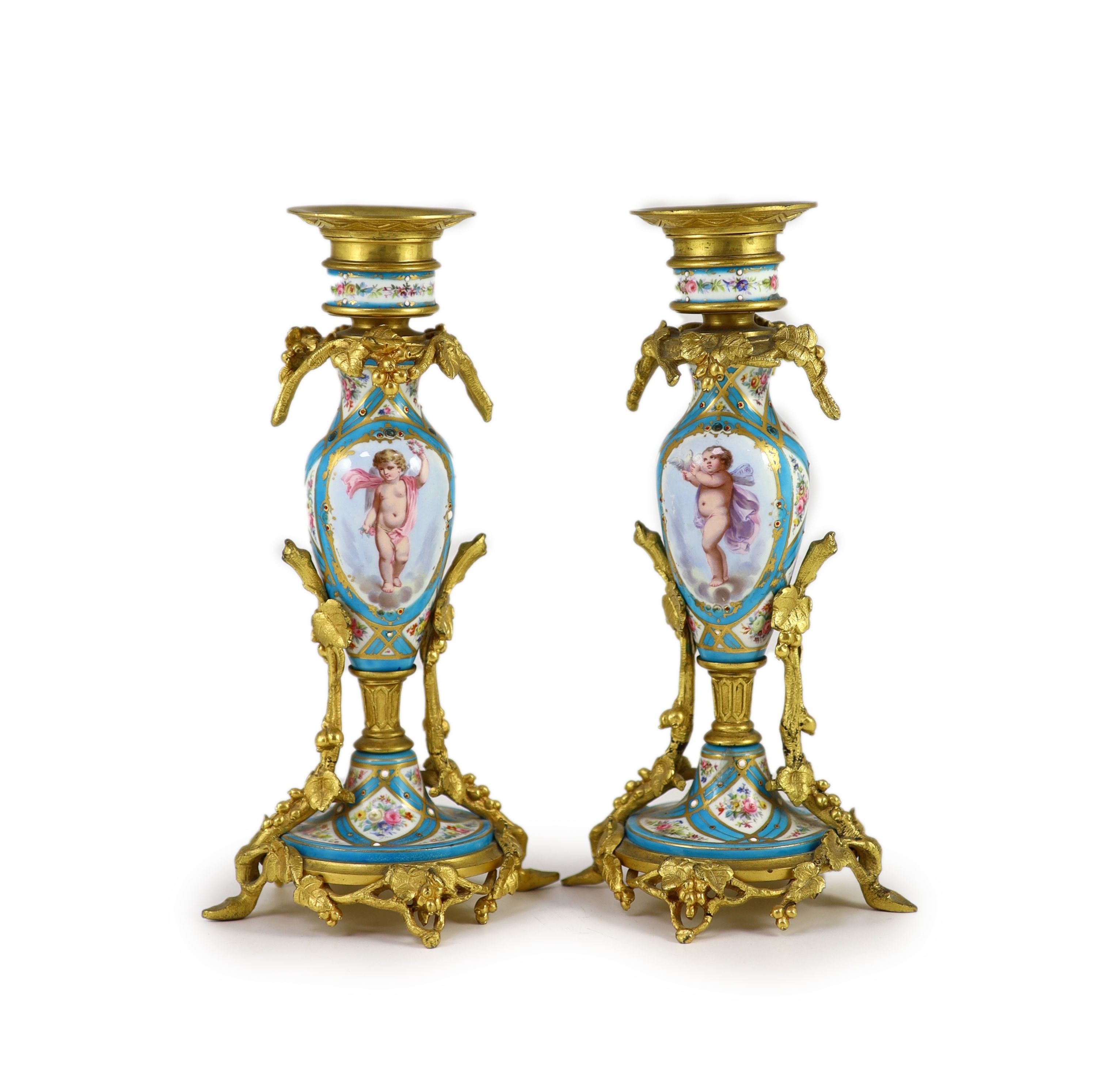 A pair of 19th century ormolu mounted Sevres style jewelled porcelain candlesticks, height 23cm